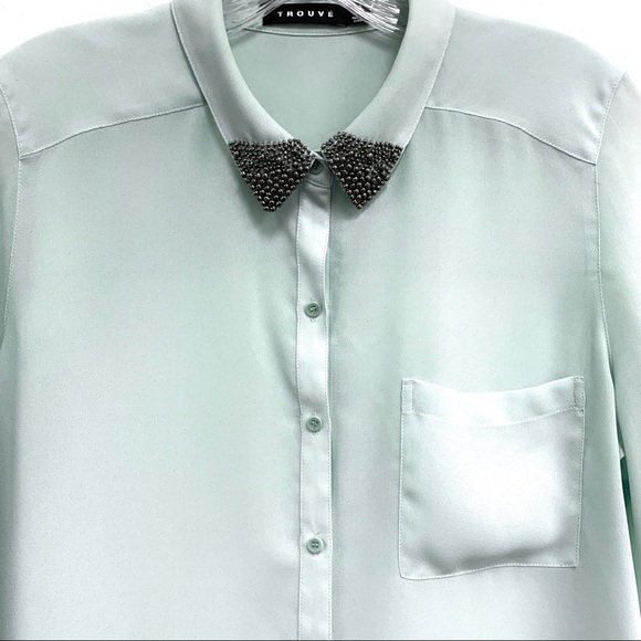 Trouve Beaded Collar Button Down Blouse - Picture 2 of 4